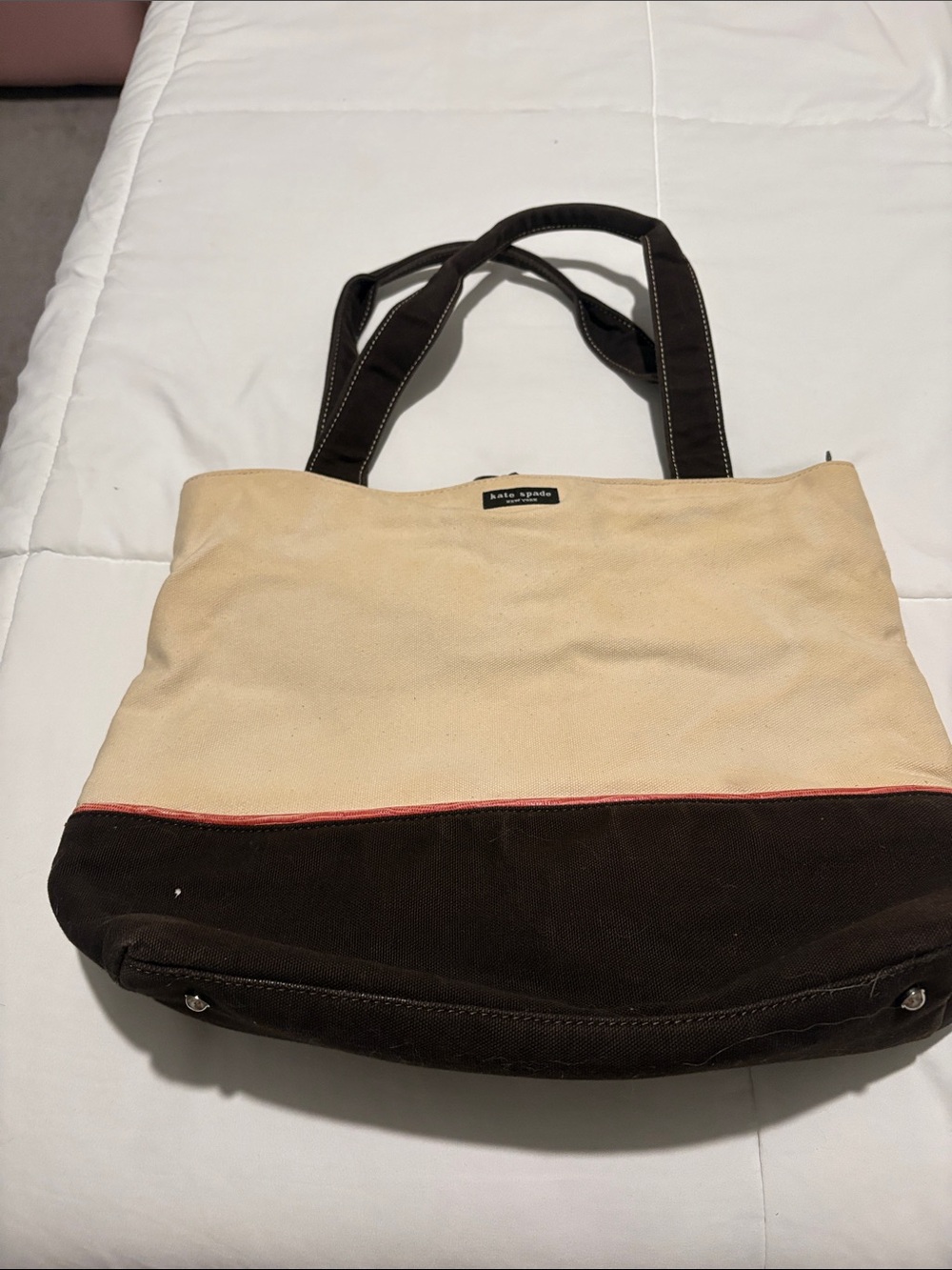 kate spade Cream and Dark Brown Canvas Tote with Red Trim